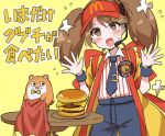 1girl badge blush bokukawauso brown_eyes brown_hair burger collared_shirt commentary_request cosplay double_cheese_(mcdonald's) double_cheese_(mcdonald's)_(cosplay) employee_uniform fang fast_food_uniform food hair_between_eyes hanshin_tigers happi hat headset highres japanese_clothes kantai_collection kokutou_nikke long_hair look-alike mcdonald's necktie open_hands open_mouth pants red_hat ryuujou_(kancolle) shikigami shirt simple_background skin_fang striped_clothes striped_shirt translation_request twintails visor_cap yellow_background yellow_happi 