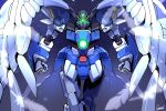  absurdres arms_at_sides artist_name clenched_hands commentary cosmo-5 crossed_legs falling_feathers feathers feet_out_of_frame glowing glowing_eyes green_eyes gundam gundam_wing gundam_wing:_endless_waltz highres looking_at_viewer mecha mecha_focus mechanical_wings mobile_suit no_humans robot science_fiction signature solo v-fin wing_gundam_zero_custom wings 