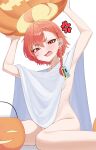  1girl absurdres ahoge anger_vein arms_up blue_archive blush braid breasts earrings fang gangjeong halloween_bucket highres huge_ahoge jack-o'-lantern jewelry looking_at_viewer mole mole_under_eye neru_(blue_archive) open_mouth red_eyes red_hair robe short_hair sideboob simple_background single_braid solo stud_earrings sweatdrop tag white_background white_robe 