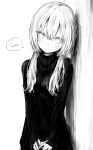  1girl absurdres against_wall double-parted_bangs frown graviton_beam_emitter hamigakikoice highres leaning_on_object light_blush long_hair long_sleeves looking_at_viewer low_twintails original own_hands_together simple_background solo speech_bubble sweater turtleneck turtleneck_sweater twintails white_background 
