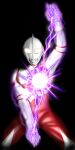  1boy absurdres alien arm_up black_background color_timer colored_skin commentary_request cowboy_shot energy energy_ball hand_up highres looking_at_viewer mafuyu_tora male_focus multicolored_skin no_pupils outstretched_arm red_skin silver_skin simple_background solo tokusatsu ultra_series ultraman:_towards_the_future ultraman_great yellow_eyes 