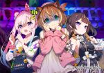  3girls @_@ airani_iofifteen airani_iofifteen_(1st_costume) animal_ear_fluff animal_ears anya_melfissa anya_melfissa_(1st_costume) ayunda_risu ayunda_risu_(1st_costume) bare_shoulders beret black_dress black_sleeves bloody_handprints blue_hair breasts bridal_gauntlets broken_glass brown_hair commentary_request detached_sleeves dress glass glowing glowing_eyes gradient_hair hand_up handprint hands_up hat hololive hololive_indonesia jacket kutata long_hair long_sleeves medium_breasts multicolored_hair multiple_girls off-shoulder_shirt off_shoulder official_art open_clothes open_jacket overalls paint_splatter palette_(object) pink_hair pink_hat pink_jacket pleated_skirt puffy_long_sleeves puffy_sleeves purple_eyes railing shirt silk skirt sleeveless sleeveless_dress spider_web squirrel_ears star_(symbol) streaked_hair tears turn_pale two_side_up very_long_hair virtual_youtuber white_shirt white_skirt 