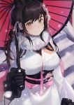  1girl animal_ears atago_(azur_lane) azur_lane bangs black_gloves black_hair blush breasts cherim closed_mouth day eyebrows_visible_through_hair floral_print fur_collar gloves hair_ornament hair_ribbon highres japanese_clothes kanzashi kimono large_breasts long_sleeves looking_at_viewer mole mole_under_eye obi oriental_umbrella outdoors print_kimono ribbon sash sidelocks smile snowing solo stairs tareme umbrella upper_body white_kimono white_ribbon wide_sleeves winter yellow_eyes 