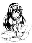  1girl bangs bare_shoulders barefoot between_legs blush chains character_request chestnut_mouth collar cuffs dress edobox full_body greyscale hair_between_eyes hand_between_legs long_hair looking_at_viewer megido72 monochrome nose_blush on_ground parted_lips sitting sleeveless sleeveless_dress soles solo spread_legs very_long_hair white_background 