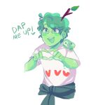  1boy :3 :d aubrey_(aubeezz) blush colored_skin commentary cropped_torso dream_smp english_commentary english_text glasses green_eyes green_hair green_skin green_theme heart heart_hands heart_print highres leaf looking_at_viewer male_focus minecraft_youtube monster_boy open_mouth short_hair simple_background slime_(creature) slime_(substance) slime_boy slimecicle smile solo stick translucent_hair white_background 