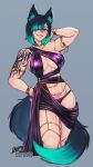  1girl animal_ears armband artist_name bracelet breasts eyeshadow feet_out_of_frame green_eyes green_eyeshadow green_hair grey_background hair_over_one_eye highres iahfy jade_(iahfy) jewelry large_breasts looking_at_viewer makeup muscular muscular_female navel original patreon_username pubic_tattoo short_hair shoulder_tattoo simple_background solo tail tattoo teeth twitter_username wolf_ears wolf_girl wolf_tail 