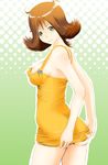  ass bad_id bad_pixiv_id breasts brown_hair final_fantasy final_fantasy_viii flipped_hair green_background green_eyes medium_breasts miniskirt nanahime selphie_tilmitt sideboob skirt solo twisted_torso yellow_skirt 