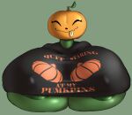 2024 absurd_res big_breasts breasts eyes_closed female for_a_head green_background hi_res huge_breasts humanoid hyper hyper_breasts living_pumpkin object_head orangejuicemann pumpkin_breasts pumpkin_head simple_background solo tagme tongue tongue_out unknown_character