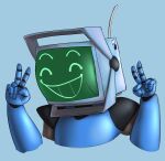 2024 absurd_res antenna_wire blue_background blue_hands disembodied_hand electronics for_a_head happy hi_res humanoid male object_head orangejuicemann screen screen_face screen_head simple_background tagme television tv_head two_fingers_up unknown_character