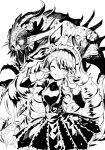  1girl ;d bangs blush breasts character_request dress drill_hair edobox eyebrows_visible_through_hair fingers_to_cheeks flower frilled_dress frills greyscale hair_between_eyes hair_flower hair_ornament hands_up head_tilt long_hair long_sleeves megido72 monochrome monster one_eye_closed open_mouth rose round_teeth sharp_teeth simple_background small_breasts smile solo teeth upper_teeth very_long_hair white_background 
