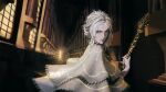  1boy cape colored_eyelashes commentary dark_souls_(series) dark_souls_i dark_sun_gwyndolin english_commentary expressionless forehead from_side glitter_makeup grey_hair hallway highres holding holding_scepter lips looking_at_viewer looking_to_the_side male_focus otoko_no_ko parted_bangs print_cape red_lips scepter sideways_glance sofos99 updo white_cape white_hair yellow_eyes 