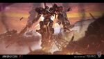  armored_core armored_core_6 copyright_name floating full_body glowing glowing_eye gun highres holding holding_gun holding_weapon logo looking_at_viewer mecha mecha_focus missile_pod mobius_(mobiusu14) nightfall_(armored_core_6) no_humans pile_bunker red_eyes robot shoulder_cannon solo weapon 