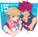  1boy 1girl aft5 anniversary apollo_(aquarion) aquarion_(series) blonde_hair blue_eyes couple eyebrows_visible_through_hair fang fang_out looking_to_the_side open_hand pointing red_hair silvia_de_alisia sousei_no_aquarion v-shaped_eyebrows yellow_eyes 