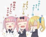  3girls :d ^_^ bangs black_bow black_dress black_ribbon black_shirt black_skirt blonde_hair blue_nails blue_scrunchie blunt_bangs blush bow cellphone chibi closed_eyes collared_dress covering_face dress drooling eyebrows_visible_through_hair fujiwara_chika fujiwara_moeha grey_background hair_between_eyes hair_bow hair_ornament hair_scrunchie hands_up hayasaka_ai holding holding_phone index_finger_raised jewelry kaguya-sama_wa_kokurasetai_~tensai-tachi_no_renai_zunousen~ long_sleeves multiple_girls nail_polish neck_ring nose_blush open_mouth phone pink_hair red_ribbon ribbon saliva school_uniform scrunchie shaded_face shirt siblings side_ponytail simple_background sisters skirt smile sparkle totatokeke translation_request twintails white_dress 