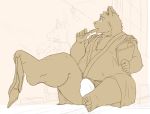  2020 anthro belly bulge canid canine canis clothing domestic_dog duo eating food humanoid_hands inuryu kemono male mammal overweight overweight_male popsicle robe sitting underwear 