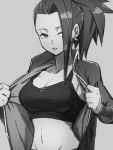  1girl breasts cleavage dragon_ball dragon_ball_super earrings green_eyes grey_background greyscale hair_over_one_eye jacket jewelry kale_(dragon_ball) kemachiku looking_at_viewer medium_breasts midriff monochrome navel open_clothes open_jacket ponytail short_hair simple_background solo 