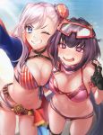  2girls belt bikini blue_eyes breasts fate/grand_order fate_(series) large_breasts miyamoto_musashi_(fate/grand_order) miyamoto_musashi_(swimsuit_berserker)_(fate) multiple_girls navel osakabe-hime_(fate/grand_order) osakabe-hime_(swimsuit_archer)_(fate) pink_hair swimsuit v wavy_mouth yayoi_maka 