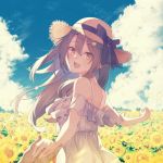  1girl :d bangs bare_shoulders black_bow blue_sky bow brown_eyes brown_hair brown_headwear cat_hair_ornament character_request cloud commentary_request day dress eyebrows_visible_through_hair field flower flower_field fujiwara_mizuki hair_between_eyes hair_ornament hairclip hat hat_bow holding_hands iriam long_hair looking_at_viewer looking_back off-shoulder_dress off_shoulder open_mouth outdoors sky smile solo_focus straw_hat summer sunflower upper_teeth very_long_hair virtual_youtuber white_dress yellow_flower 