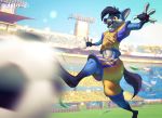  anthro black_body blue_body borotamago canid canine canis clothing hair hi_res male mammal multicolored_body paws soccer soccer_player soccer_uniform solo sport sportswear station tigres_uanl uniform vicente_(romeodog) wolf yellow_eyes 