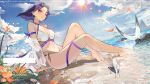  1girl arm_support artist_name barefoot beach bikini bird black_hair blue_sky breasts cleavage closed_mouth cloud commentary_request day eyewear_on_head feet flower full_body halter_top halterneck highres legs light_smile looking_at_viewer medium_breasts navel ocean original outdoors palm_tree pixiv_id plumw purple_eyes sand seagull short_hair shutter_shades sitting sky solo stomach sun sunlight swimsuit thighs tree weibo_username white_bikini 