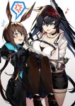  2girls @_@ amiya_(arknights) anger_vein animal_ears arknights bangs black_hair black_jacket black_legwear blaze_(arknights) blue_eyes blush breasts brown_hair bunny_ears carrying cat_ears cleavage commentary_request cowboy_shot eighth_note eyebrows_visible_through_hair flying_sweatdrops gradient gradient_background grey_background hair_between_eyes hairband highres jacket knees_up large_breasts long_hair long_sleeves multiple_girls musical_note open_mouth pantyhose princess_carry red_hairband shirt spoken_anger_vein standing thighs very_long_hair white_background white_shirt yuuuuu 
