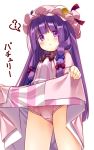  1girl ? blush dress dress_lift hat lifted_by_self long_hair looking_at_viewer mob_cap panties patchouli_knowledge pink_dress pink_headwear pink_panties pink_robe purple_eyes purple_hair robe robe_lift simple_background solo spoken_question_mark striped striped_dress thighs touhou underwear usume_shirou vertical-striped_dress vertical_stripes very_long_hair white_background 