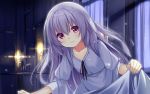  1girl bed_sheet curtains dark_room holding lamp light long_hair looking_at_viewer night nightgown original pov red_eyes silver_hair sleepwear smile solo upper_body usume_shirou white_nightgown window 