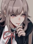  1girl bangs black_jacket blush brown_hair closed_mouth commentary_request danganronpa eyebrows_visible_through_hair face grey_background hand_on_own_chin highres hood hood_down jacket long_sleeves looking_at_viewer nanami_chiaki neck_ribbon oone0206 pink_eyes pink_ribbon red_ribbon ribbon shirt simple_background sleeves_past_wrists solo super_danganronpa_2 white_shirt 