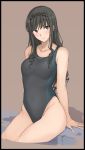  1girl amagami black_eyes black_hair black_swimsuit brown_background cowboy_shot curly_hair hairband head_tilt highleg highleg_swimsuit looking_at_viewer mobu morishima_haruka simple_background sitting soaking_feet solo swimsuit water 