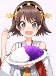  +_+ 1girl absurdres bad_food brown_hair curry curry_rice detached_sleeves flipped_hair food hairband hiei_(kantai_collection) highres japanese_clothes kantai_collection katsuobushi_(eba_games) looking_at_viewer purple_eyes ribbon-trimmed_sleeves ribbon_trim rice short_hair simple_background solo upper_body white_background 