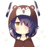  1girl animal_hood blush bokukawauso bra_strap brown_eyes chibi closed_mouth collarbone eyepatch hair_over_one_eye headgear hood hood_up kantai_collection kotobuki_(momoko_factory) looking_at_viewer messy_hair pajamas purple_hair short_hair solo tenryuu_(kantai_collection) twitter_username upper_body 