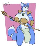 2020 4_fingers anthro big_breasts blue_hair breasts canid canine claws clothing digital_media_(artwork) dipstick_tail female fingers fox freckles_(artist) gynomorph hair holding_object holding_weapon intersex jewelry krystal loincloth mammal markings melee_weapon multicolored_tail necklace nintendo polearm short_hair shoulder_pads signature solo spear star_fox tailband tribal_markings video_games weapon 