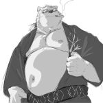  1:1 2020 anthro belly humanoid_hands kemono leib_(tas) male mammal monochrome moobs navel nipples overweight overweight_male polar_bear simple_background smoking solo tokyo_afterschool_summoners ursid ursine video_games white_background yunukopi 