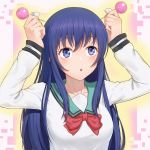  1girl :o anarchojs blue_eyes blue_hair chinese_commentary commentary_request glowing highres long_hair saiki_kusuo_no_psi_nan school_uniform simple_background solo teruhashi_kokomi upper_body 