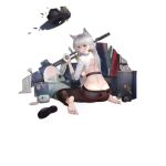  1girl alternate_costume animal_ears back bangs barefoot belt black_footwear black_headwear black_pants blue_eyes blush braid breasts closed_mouth damaged decorations eyebrows_visible_through_hair feet footwear_removed from_behind full_body girls_frontline grey_hair gun hair_between_eyes hair_ornament hat holding ksvk_(girls_frontline) ksvk_12.7 lips logo long_hair looking_at_viewer looking_back official_art pandea_work pants rifle scope shirt shoes shoes_removed silver_hair sitting sleeves_rolled_up sniper_rifle solo torn_clothes torn_hat torn_shirt transparent_background weapon white_shirt 