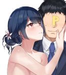  1boy 1girl 92m bangs black_hair black_jacket blue_hair blue_neckwear blunt_bangs blush closed_mouth clothed_female_nude_male collarbone commentary_request eyebrows_visible_through_hair faceless faceless_male flower hair_bun hair_flower hair_ornament hand_on_another&#039;s_cheek hand_on_another&#039;s_face highres idolmaster idolmaster_shiny_colors jacket looking_at_another morino_rinze necktie nude out-of-frame_censoring p-head_producer parted_lips purple_eyes purple_flower short_hair simple_background sweat upper_body white_background 