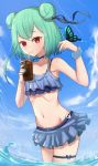  1girl animal animal_on_hand aqua_nails armpits bare_arms bare_shoulders bendy_straw bikini blue_bikini blue_bow blue_sky blush bow bug butterfly butterfly_on_hand closed_mouth cloud commentary_request cup day double_bun drink drinking_glass drinking_straw glint green_hair hair_bow hands_up highres holding holding_cup hololive ice ice_cube insect nail_polish navel outdoors red_eyes short_hair sky smile solo standing sunlight swimsuit uneg uruha_rushia wading water 