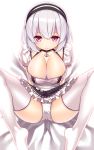  1girl anchor_choker apron arms_behind_back ass azur_lane black_skirt breasts choker cleavage hairband knees_up lace-trimmed_hairband large_breasts legs panties red_eyes short_hair silver_hair simple_background sirius_(azur_lane) skirt skirt_lift solo thighhighs thighs underwear usume_shirou waist_apron white_apron white_background white_legwear white_panties 