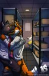  absurd_res aggressive_retsuko anthro being_watched blush bodily_fluids bulge canid canine caught clothed clothing digital_media_(artwork) duo erection frottage genital_fluids genitals grinding haida hi_res hyaenid inside looking_at_another male male/male mammal maned_wolf necktie office ookami_(aggretsuko) open_shirt partially_clothed penis precum rubbing sanrio sex shirt sito standing storage_room surprise text toony topwear underwear url 