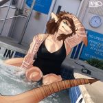  1:1 athletic baja_(nasusbot) biceps breasts clothing female fin fish hi_res hot_tub marine muscular nasusbot non-mammal_breasts one-piece_swimsuit partially_submerged pecs photo_background scalie shark solo swimwear thick_thighs water 