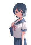  1girl bag blue_eyes blue_skirt blush dark_blue_hair highres looking_at_viewer nirareba original school_bag school_uniform serafuku shirt short_sleeves skirt solo white_background white_shirt 