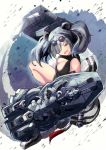  1girl :d animal_ears arknights bangs bare_shoulders black_hair breasts cleavage cleavage_cutout commentary eyewear_on_head feater_(arknights) hair_over_one_eye highres ittokyu large_breasts long_hair looking_at_viewer mechanical_arm multicolored_hair open_mouth panda_ears silver_hair smile solo streaked_hair sunglasses thighs twintails yellow_eyes 
