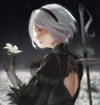  1girl back_cutout black_dress black_gloves blurry blurry_background dress flower from_side gloves hairband hands_up highres holding holding_flower juliet_sleeves katana long_sleeves mole mole_under_mouth nier_(series) nier_automata no_blindfold profile puffy_sleeves rayxray red_eyes short_hair smile solo sword upper_body weapon weapon_on_back white_flower white_hair yorha_no._2_type_b 