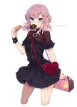  1girl bag black_dress blue_eyes cowboy_shot double_bun doughnut dress flower food hair_flower hair_ornament hand_up heart-shaped_bag holding ikeuchi_tanuma looking_at_viewer mouth_hold multicolored_hair original pastry_box pink_hair short_dress short_hair shoulder_bag simple_background solo standing streaked_hair twitter_username white_background wristband x_hair_ornament 