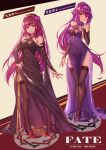  2girls absurdres bangs bare_shoulders black_dress black_fire_(peter02713) blush breasts bridal_gauntlets collarbone copyright_name dress fate/grand_order fate_(series) hair_between_eyes high_heels highres large_breasts long_hair looking_at_viewer multiple_girls ponytail purple_dress purple_hair red_eyes scathach_(fate)_(all) scathach_(fate/grand_order) scathach_skadi_(fate/grand_order) thighhighs tiara 