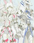  1boy 1girl animal_ears armor ass_visible_through_thighs character_request drawr full_armor gauntlets helm helmet long_hair monster_girl monster_hunter nishihara_isao ponytail short_shorts shorts shoulder_armor sidelocks tail thighhighs translation_request white_skin yellow_eyes 
