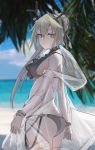  1girl antlers arknights ass bangs bare_shoulders beach bikini blue_sky blurry blurry_background breasts cloud commentary_request cowboy_shot day firewatch_(arknights) grey_bikini grey_eyes grey_hair grey_ribbon hair_between_eyes hair_ribbon highres jacket long_hair long_sleeves looking_at_viewer medium_breasts ocean off_shoulder outdoors parted_lips partial_commentary raw_egg_lent ribbon see-through sky solo standing swimsuit very_long_hair water 