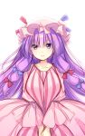  1girl bow breasts dress hands_together hat long_hair mob_cap patchouli_knowledge pink_dress pink_headwear pink_robe purple_eyes purple_hair ribbon robe simple_background smile solo striped striped_dress touhou upper_body usume_shirou v_arms vertical-striped_dress vertical_stripes white_background 