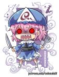  1girl chibi colonel_aki commentary_request dress drooling dual_wielding fork ghost glowing glowing_eyes hat holding holding_fork holding_knife knife mob_cap open_mouth pink_hair red_eyes saigyouji_yuyuko shaded_face sharp_teeth socks solo teeth touhou triangular_headpiece 