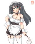  1girl alternate_costume apron aqua_eyes artist_logo black_skirt blouse breasts cleavage commentary_request cowboy_shot dated detached_collar duster enmaided frilled_apron frilled_blouse frills garter_straps grey_hair hand_on_hip highres isuzu_(kantai_collection) kanon_(kurogane_knights) kantai_collection large_breasts long_hair looking_at_viewer maid maid_headdress open_mouth simple_background skirt solo suspender_skirt suspenders thighhighs twintails waist_apron white_apron white_background white_blouse white_legwear 